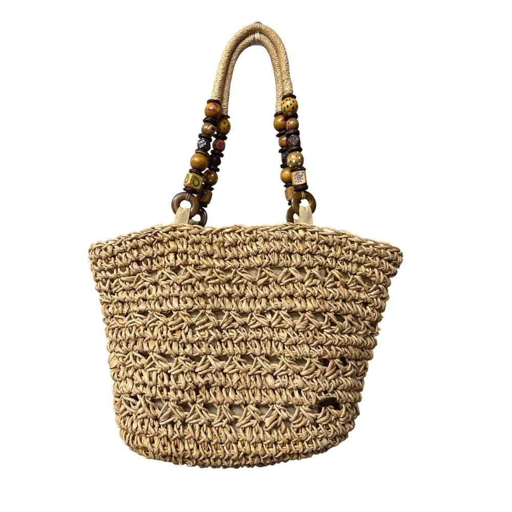 Cappelli Straworld Tote Bag Women 17x10 Tan Woven Beaded Handle Bohemian Summer